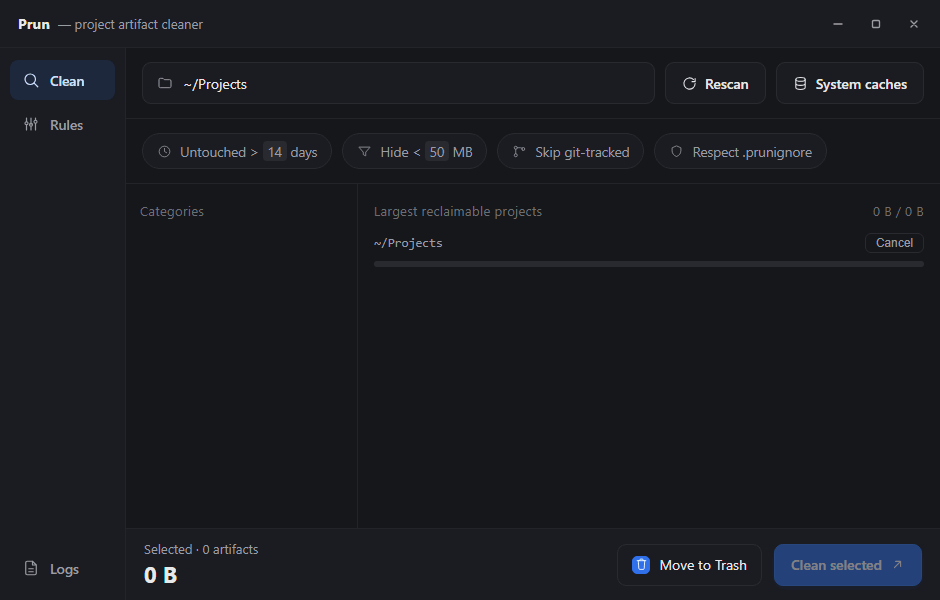 Prun scanning a projects directory, grouping build artifacts, and selecting items to clean
